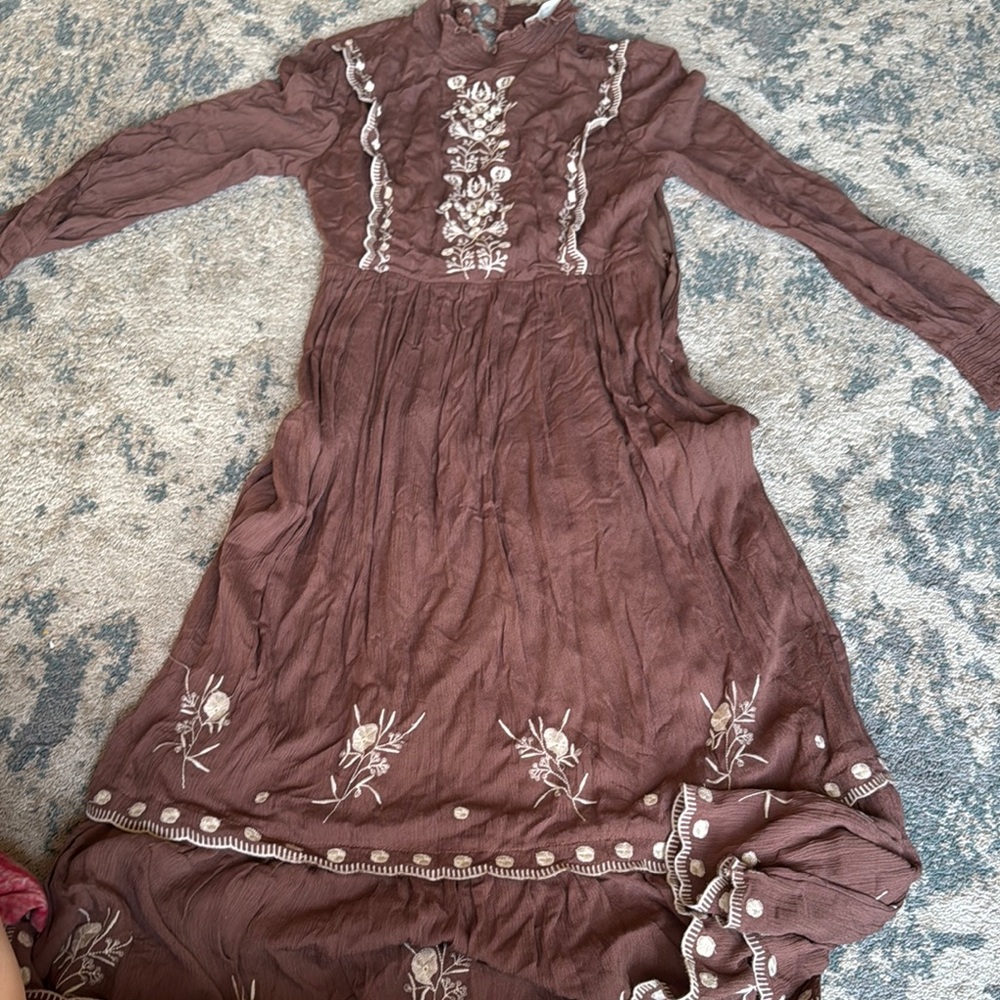 In Bloom Chocolate Long Sleeve Dress with Floral Embroidery